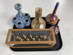 A tray of oriental wares to include Japanese Imari patterned vases, Satsuma earthenware vase (a/f),