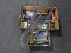 Two boxes containing a quantity of Hornby Dublo engines, coaches, wagons, accessories,