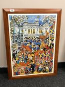 A colourful continental poster depicting figures by a building, 49 x 69 cm, framed.