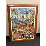 A colourful continental poster depicting figures by a building, 49 x 69 cm, framed.