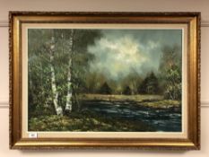 Jean Medina : Stream through woodland, oil on canvas, framed,