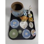 A tray containing miscellaneous china to include cottage ware, Aynsley ring stand,