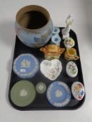 A tray containing miscellaneous china to include cottage ware, Aynsley ring stand,