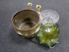 A tray containing a brass planter together with a pair of antique brass candlesticks,