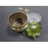A tray containing a brass planter together with a pair of antique brass candlesticks,