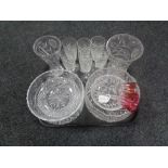 A tray containing assorted glassware to include cut glass lead crystal fruit bowls, vases,