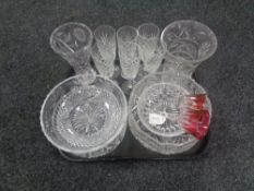 A tray containing assorted glassware to include cut glass lead crystal fruit bowls, vases,