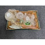 A box containing early 20th century and later glassware to include trinket sets, shipping bottle,