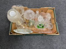 A box containing early 20th century and later glassware to include trinket sets, shipping bottle,