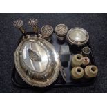 A tray containing 20th century plated wares to include bud vases, entrée dish with cover,