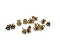 Six pairs of 9ct gold gem set earrings. CONDITION REPORT: 4.