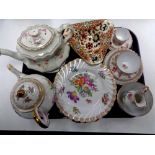 A tray containing antique and later china to include Dresden seven piece Tea for One,