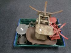 A box containing a quantity of antique and later kitchen scales with weights.