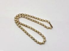 A pearl necklace with gold spacers and clasp.