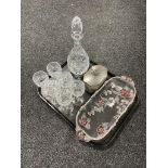 A tray containing a Talbot pewter lidded box, a cut glass lead crystal decanter,
