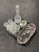 A tray containing a Talbot pewter lidded box, a cut glass lead crystal decanter,