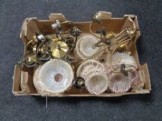 A box containing two brass ceiling lights together with four brass wall lights with glass tasseled