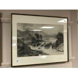 A monochrome print depicting a moorland, 50 x 32 cm, framed.