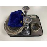 A tray of a quantity of 20th century plated wares to include swing handled basket, wine coaster,