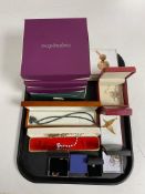 A tray containing boxed costume and silver jewellery to include assorted necklaces, earrings,