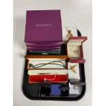 A tray containing boxed costume and silver jewellery to include assorted necklaces, earrings,