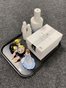 A tray containing assorted china to include boxed Royal Doulton Gemstones figure,