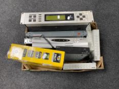 A box containing assorted electricals to include Ganz CCTV control units, a Kam graphic equaliser,