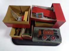 A tray containing boxed mid 20th century Hornby LMS 2270 engine, signals,