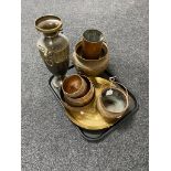 A tray of antique and later metal wares to include eastern brass tray, ammunition shell,