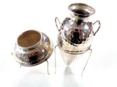 A continental silver conical vase on stand together with a continental silver bowl on stand.