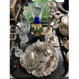 A tray containing assorted plated wares, contemporary pocket watch, Murano glass clown,