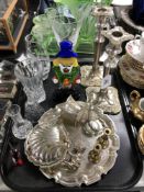 A tray containing assorted plated wares, contemporary pocket watch, Murano glass clown,