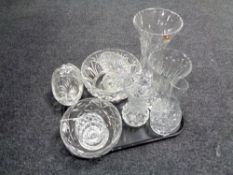 A tray containing 20th century cut glass vases, bowls, basket etc.