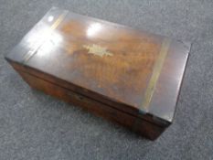 A 19th century brass bound writing box containing inkwells, gramophone needle tins,