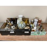 Three boxes containing miscellaneous to include pottery vases, continental figures,