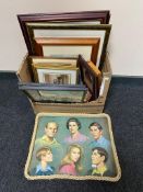 A box of assorted framed pictures and prints together with a royal family tray