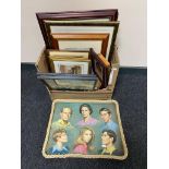 A box of assorted framed pictures and prints together with a royal family tray