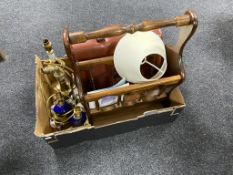 A box containing wooden magazine rack, leather briefcase, assorted table lamps.