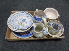 A box of twelve pieces of antique Quimper pottery to include plaques, jugs,