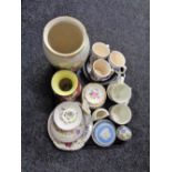A tray containing miscellaneous china to include Royal Doulton and Royal Winton vases,