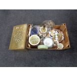A brass slipper box together with a further box containing assorted china, glassware,