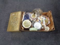 A brass slipper box together with a further box containing assorted china, glassware,
