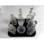 A tray containing seven 20th century glass decanters.