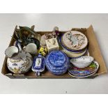 A box containing miscellaneous china to include a Danbury Mint Franz Dutzler figure, Noble Brown,