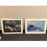 Two colour prints depicting a landscape and a nude study, 79 x 59 cm, both framed (2).