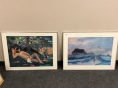 Two colour prints depicting a landscape and a nude study, 79 x 59 cm, both framed (2).