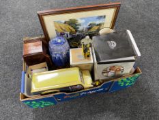 A box containing boxed and unboxed Ringtons china, storage jars and tins,