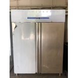 A stainless steel commercial double door refrigerator, model GN1410TN, width 148cm,