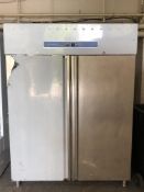 A stainless steel commercial double door refrigerator, model GN1410TN, width 148cm,