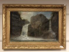 A 20th century school : A waterfall, oil on canvas, 72 x 45 cm, framed.